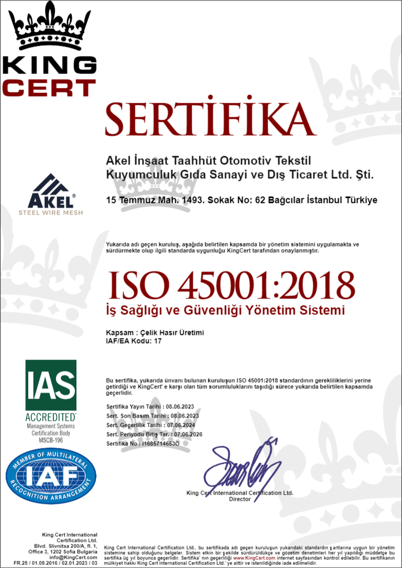 2023 Akel İnşaat ISO 45001 Sertifikası