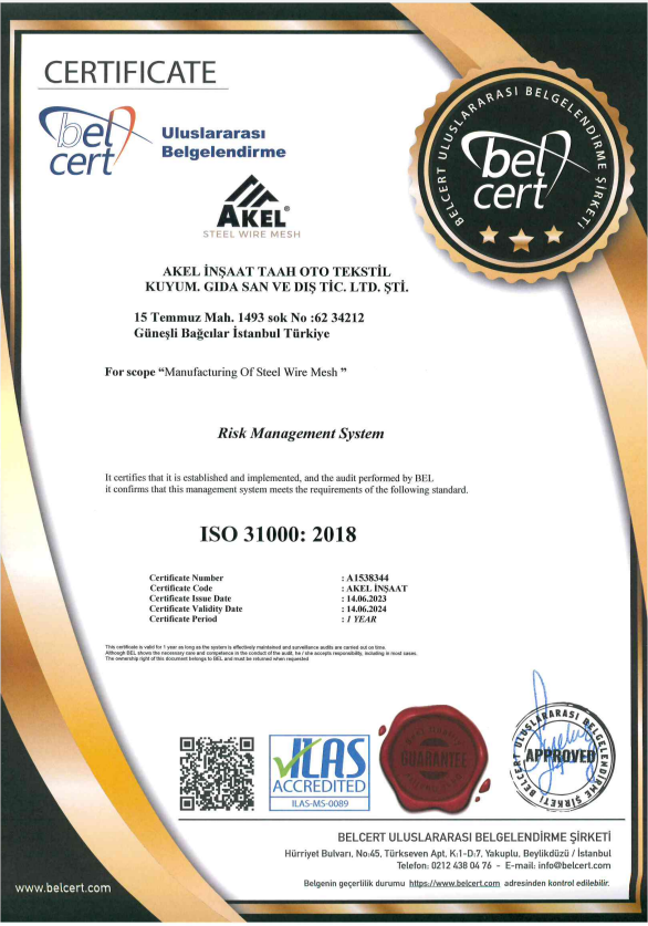 Akel Construction ISO 31000 Certificate