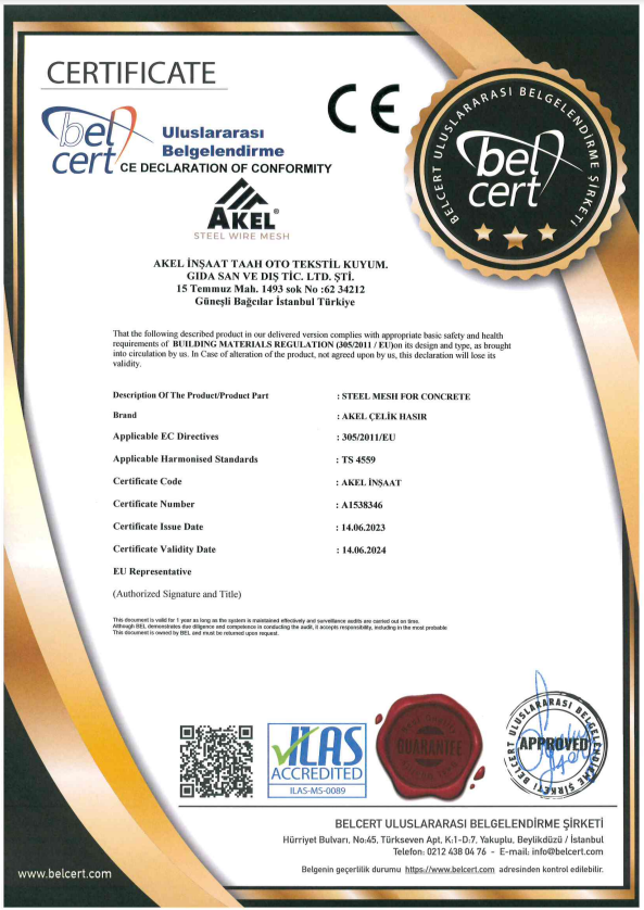 2023 Akel Construction STEEL MESH FOR CONCRETE Certificate
